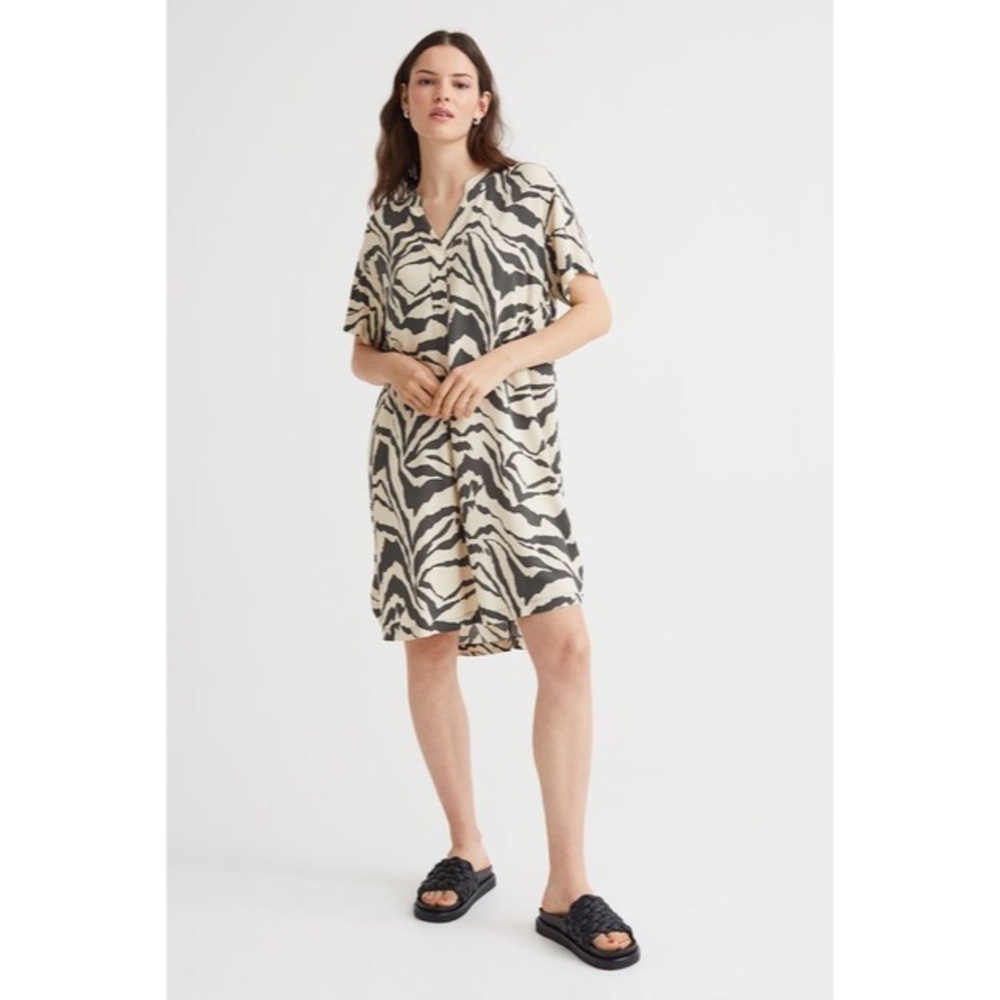 Zara Mini Zebra Print V-Neck Tunic Dress Cream Brown